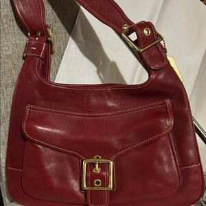 Coach Red Leather Shoulder Bag with Gold Accents